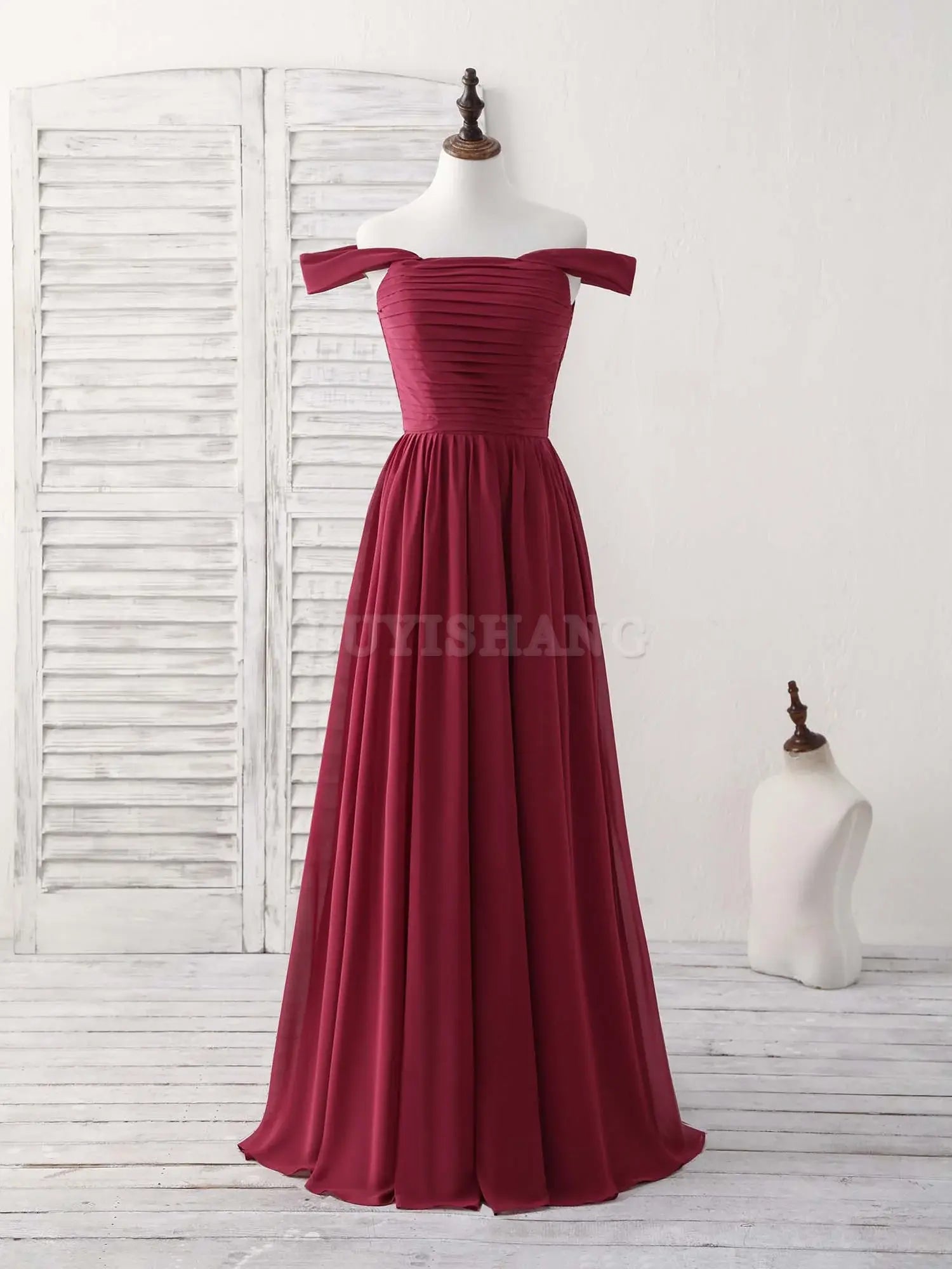 Buyishang Burgundy Chiffon Off Shoulder Long Prom Dress Burgundy Bridesmaid Dress Bridesmaid dress shop